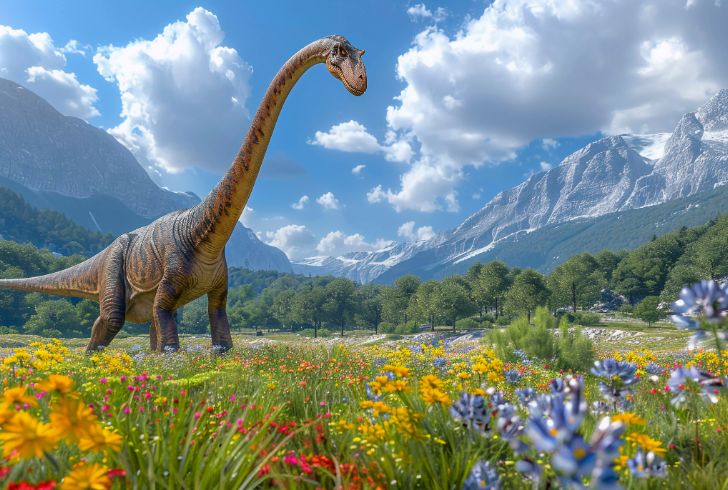 A sauropod roaming through ancient vegetation and flowers