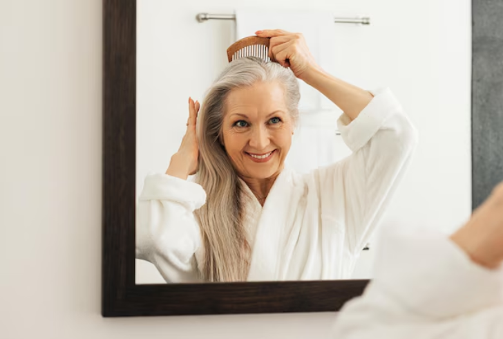 Elderly person smiling while brushing hair
